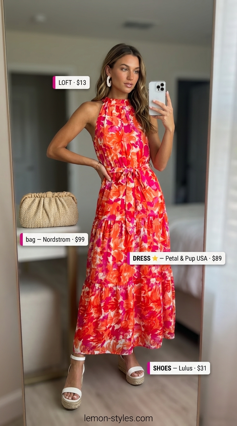 Summer Maxi Dresses 2026: Retro Poolside Party Hot orange and fuchsia geometric print halter neck maxi dress for summer maxi dresses 2026. Retro pool party outfit.