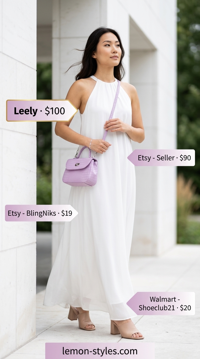 Sophisticated Summer Maxi Dresses 2026 Sophisticated Summer Brunch outfit with a white halter neck maxi dress, nude mules, and a lilac shoulder bag for summer 2026.