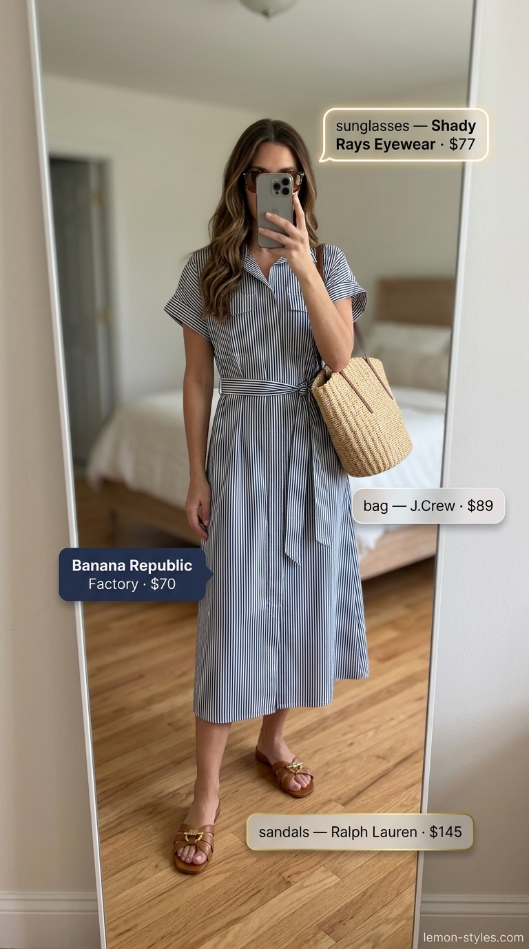 Summer Maxi Dresses 2026: Riviera Retreat Chic Navy and white striped linen blend button-down maxi shirt dress for summer maxi dresses 2026. Effortless resort outfit.