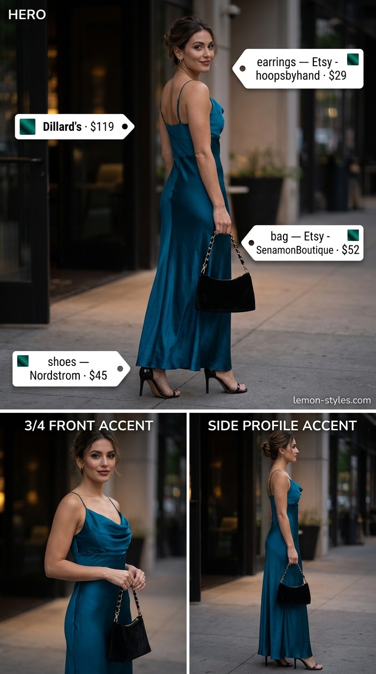 Summer Maxi Dresses 2026: Midnight Teal Rendezvous Deep teal satin slip maxi dress for summer maxi dresses 2026. Sultry date night outfit with black and gold accessories.