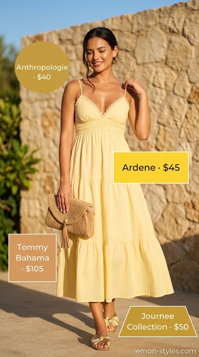Tropical Sunshine Getaway outfit with a sunshine yellow maxi dress, gold hoop earrings, and a raffia clutch for summer 2026.