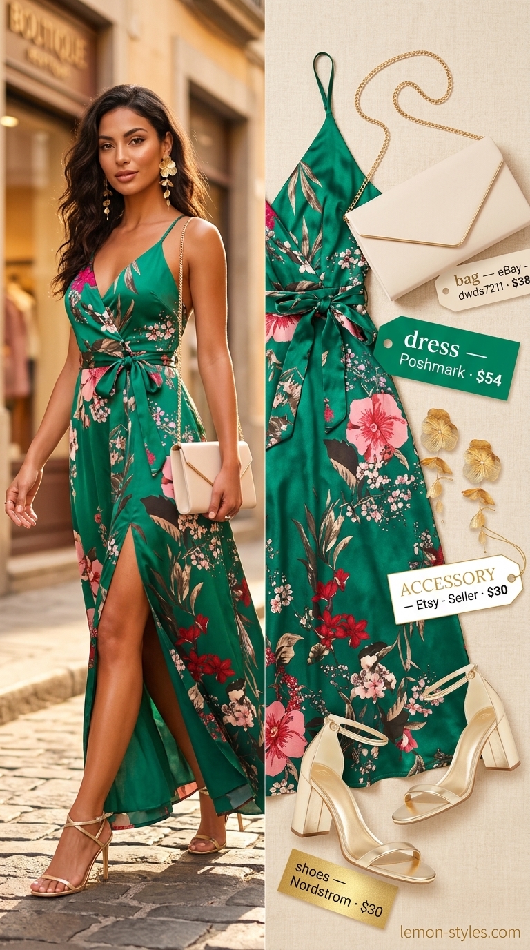 Summer Maxi Dresses 2026: Tropical Sunset Soiree Emerald green tropical print maxi dress for a resort dinner or summer cocktail party in 2026. Glamorous.