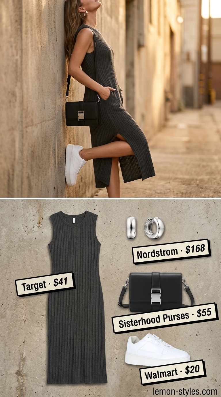 Summer Maxi Dresses 2026: Urban Minimalist Edge Black ribbed knit maxi dress for a casual day out or city sightseeing in 2026. Edgy and modern.