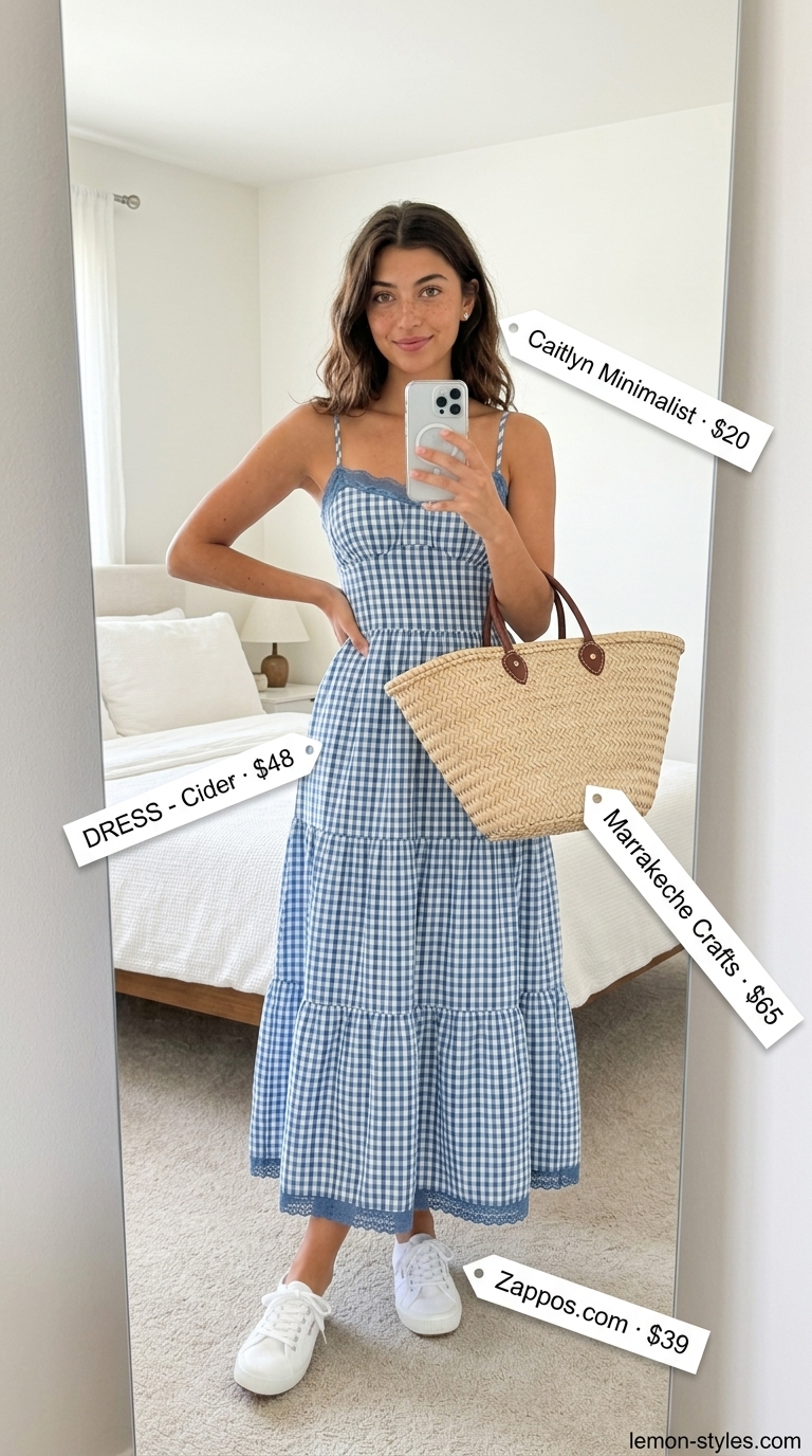 Whimsical Picnic Maxi Dresses 2026 Whimsical Picnic Day outfit with a sky blue gingham maxi dress, white sneakers, and a straw market tote for summer 2026.