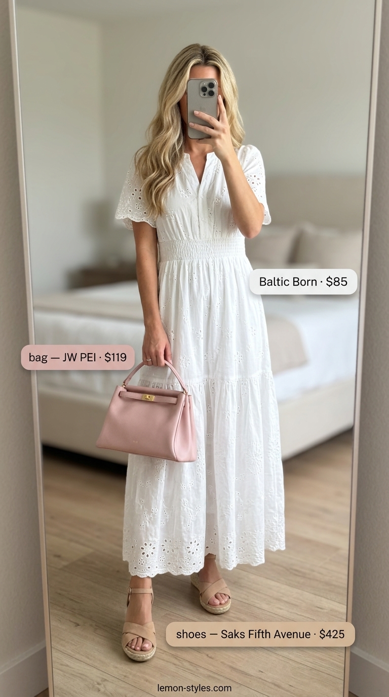 Summer Maxi Dresses 2026: Romantic Garden Party White tiered eyelet maxi dress for summer maxi dresses 2026. Romantic garden party outfit with block heels and mini bag.