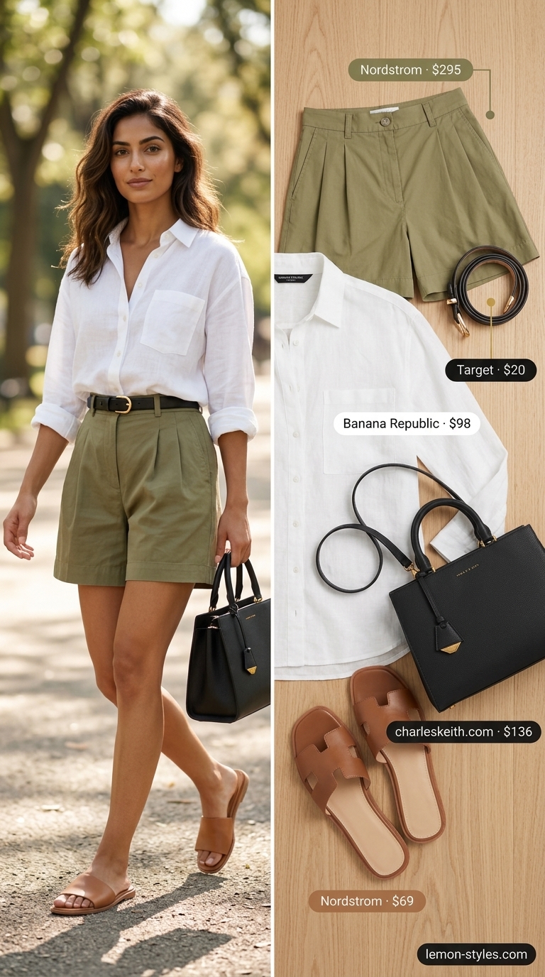 Modern City Safari Outfits 2026 City safari smart casual outfit for women 2026: olive green shorts, white linen shirt, leather belt.