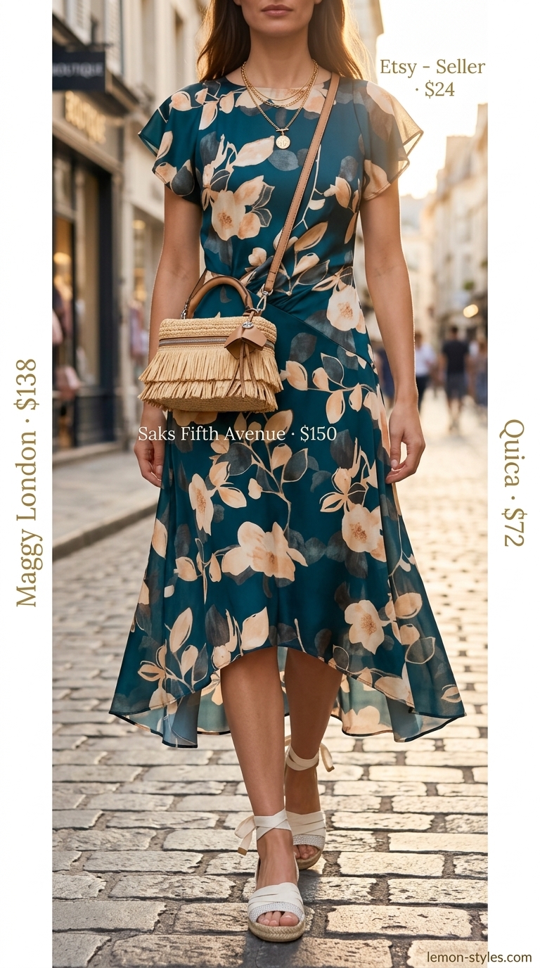 Bohemian City Stroll Outfits 2026 Bohemian City Stroll outfit: Teal print midi dress, raffia bag, espadrilles. Summer must have wardrobe outfits for women 2026.
