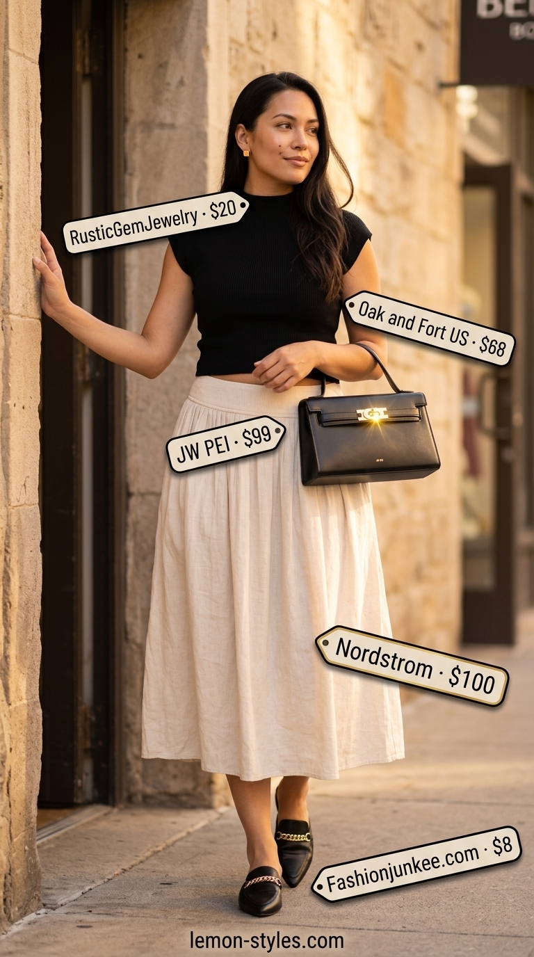 City Cafe Chic Outfits for Women 2026 City Cafe Chic: Beige midi skirt, black knit top, gold earrings, black mules. Summer must have wardrobe outfits for women 2026.