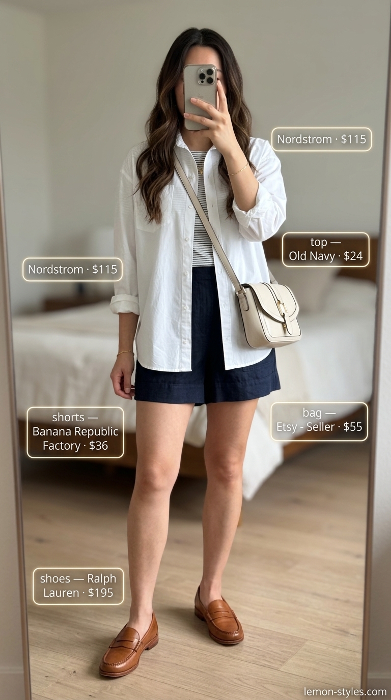 City Escape Chic Outfits 2026 City Escape Chic outfit: Navy linen shorts, white oversized shirt, loafers. Summer must have wardrobe outfits for women 2026.