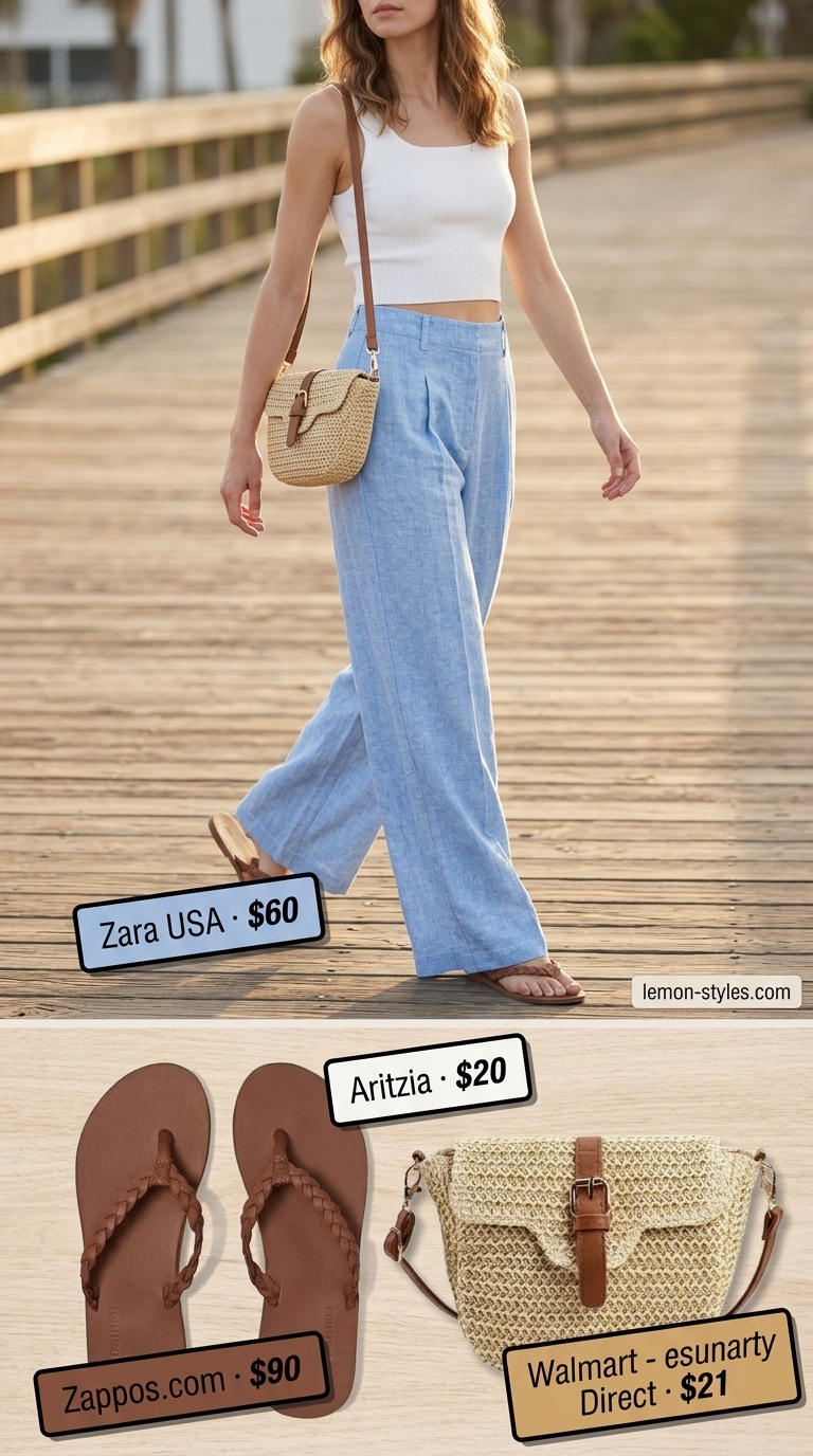 Coastal Brunch Outfits for Women 2026 Coastal Breeze Brunch: Sky blue linen pants, white knit top, tan sandals, straw bag. Summer must have wardrobe outfits for women 2026.