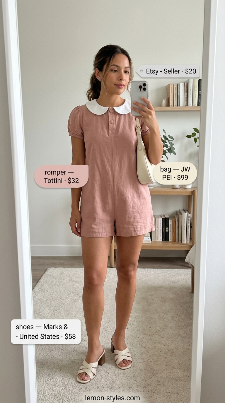 Chic Daytime Romper Outfits 2026 Polished daytime romper outfit for women 2026: blush pink linen romper, white mules, silver earrings.