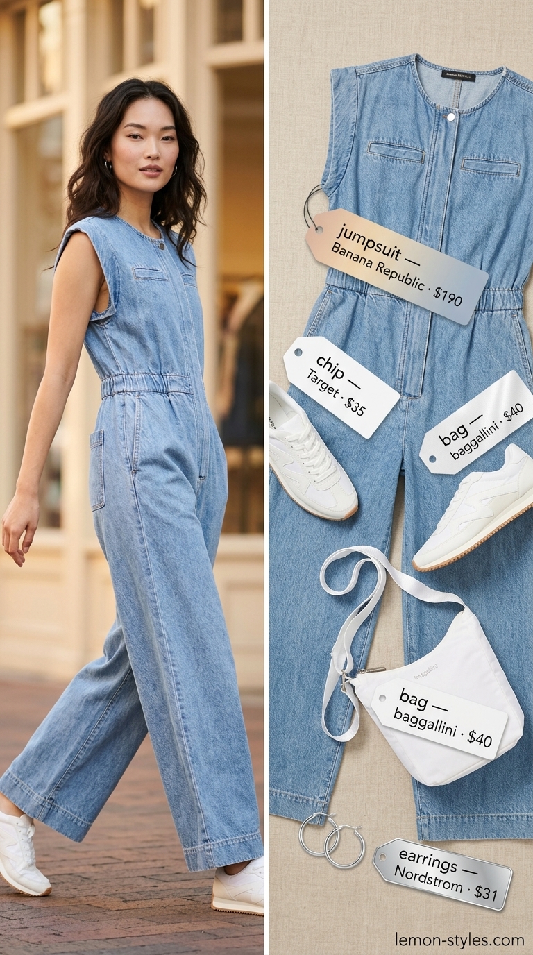 Effortless Denim Jumpsuit Outfits 2026 Day off denim jumpsuit outfit for women 2026: light wash utility jumpsuit, white sneakers, silver hoops.