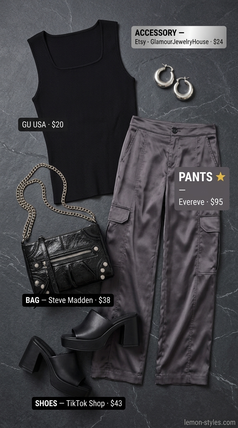 Downtown Edge Outfits for Women 2026 Downtown Edge: Charcoal satin cargo pants, black knit top, chunky sandals, silver earrings. Summer must have wardrobe outfits for women 2026.