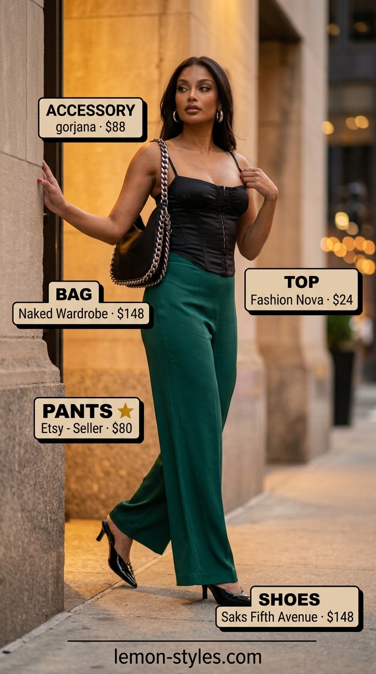 Evening Rendezvous Outfits 2026 Evening Rendezvous outfit: Emerald green pants, black corset top, heeled mules. Summer must have wardrobe outfits for women 2026.