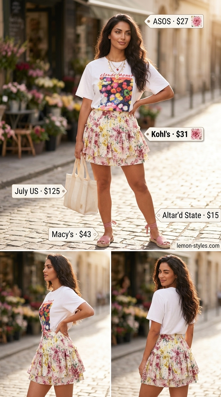 Playful Festival Floral Outfits 2026 Festival fun floral skirt outfit for women 2026: floral mini skirt, white graphic tee, espadrilles.