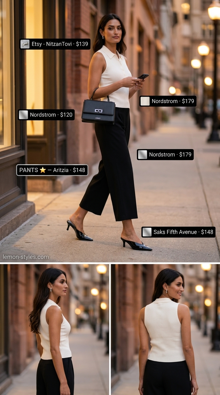 Gallery Opening Outfits for Women 2026 Gallery Opening Chic: Black wide-leg trousers, ivory knit polo, black mules, silver earrings. Summer must have wardrobe outfits for women 2026.