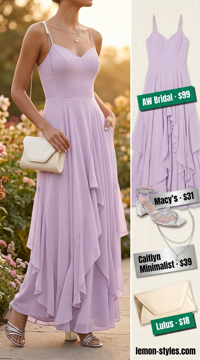 Garden Party Outfits for Women 2026 Garden Party Romance: Lavender maxi dress, silver sandals, cream clutch, layered necklaces. Summer must have wardrobe outfits for women 2026.
