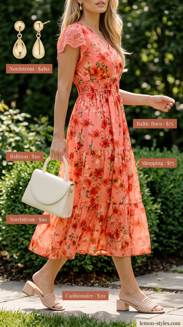 Romantic Garden Soiree Outfits 2026 Romantic Garden Soiree outfit: Coral floral midi dress, nude heels, gold earrings. Summer must have wardrobe outfits for women 2026.
