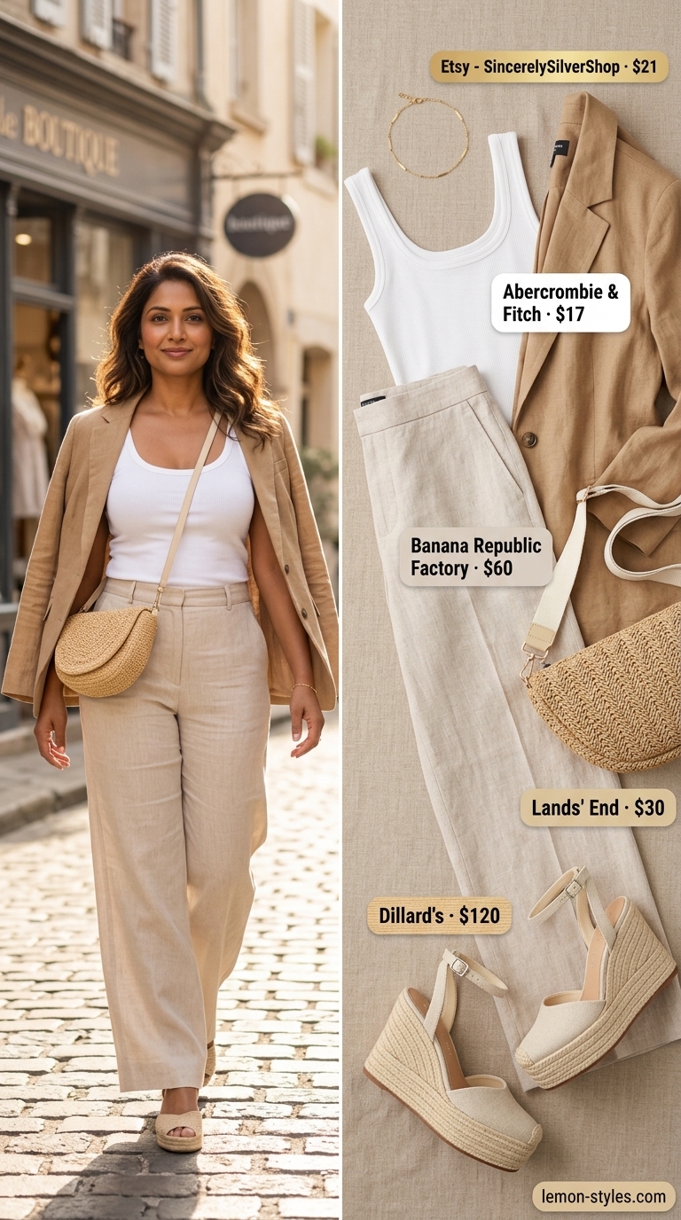 Relaxed Coastal Brunch Outfits 2026 Coastal breeze brunch outfit for women 2026: white linen pants, sky blue knit top, straw bag.