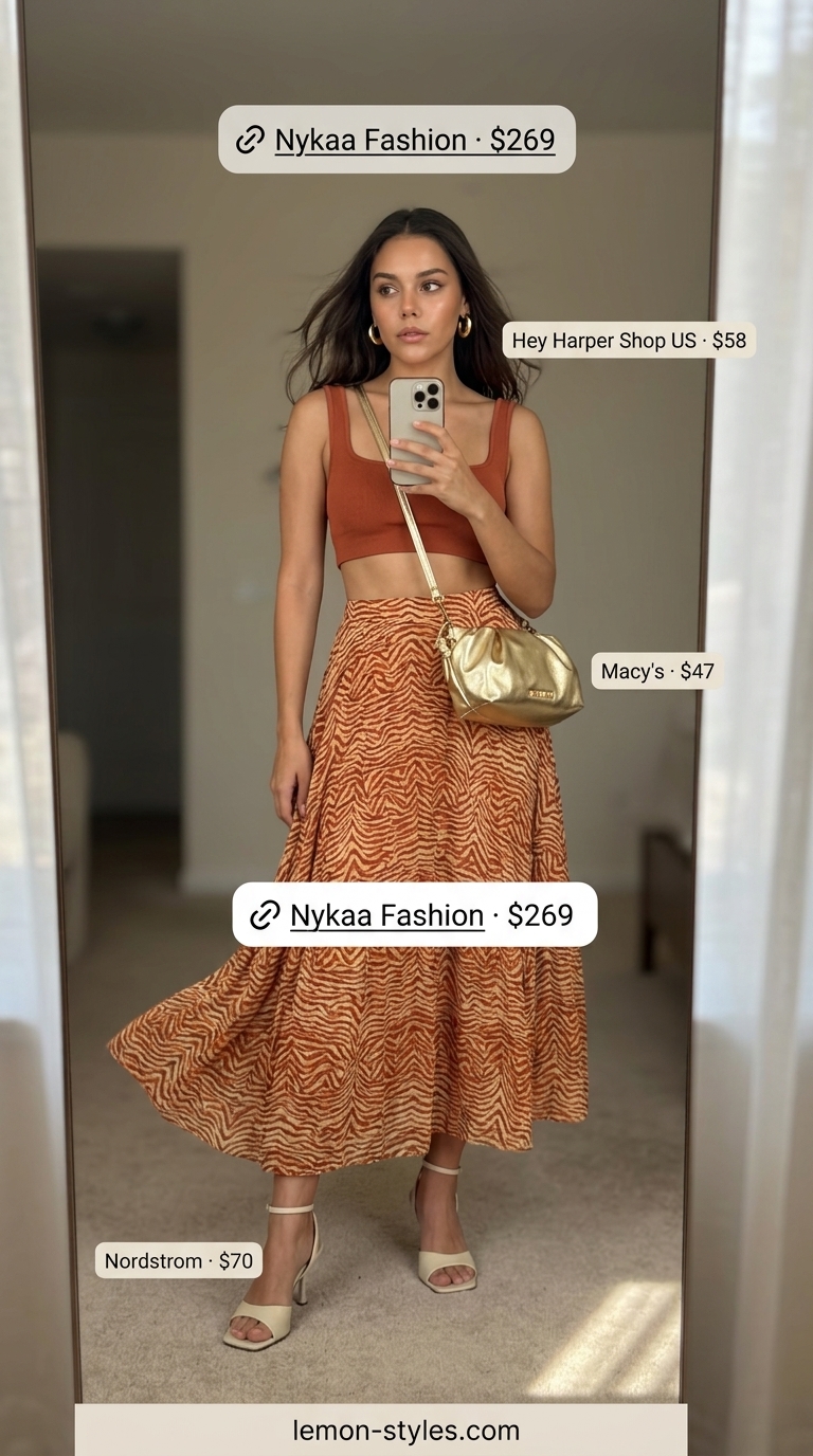 Glamorous Sunset Dinner Outfits 2026 Sunset dinner matching set outfit for women 2026: terracotta knit skirt set, gold hoops, heeled sandals.