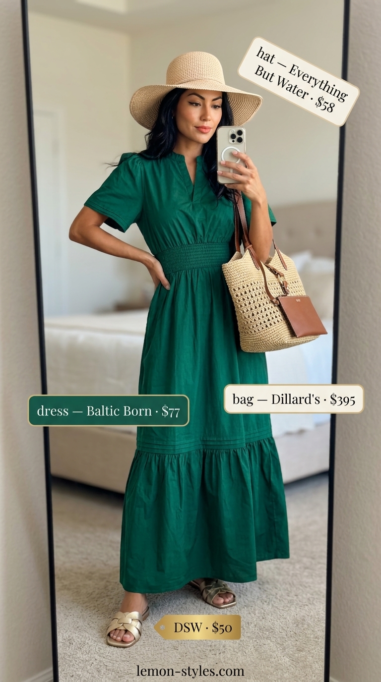 Tropical resort getaway outfit for women 2026: emerald green maxi dress, straw hat, gold slides.