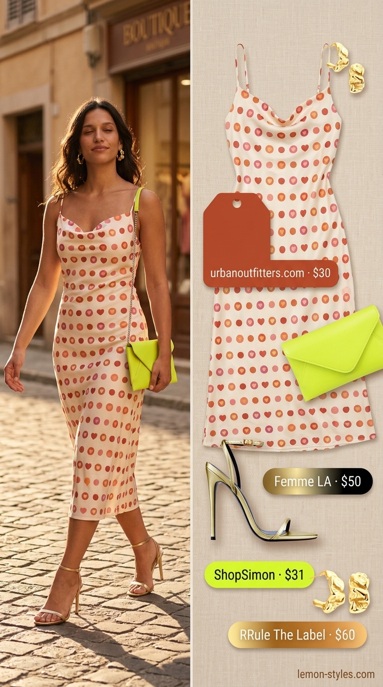 Romantic Riviera Soiree Outfits 2026 Riviera sunset soiree outfit for women 2026: terracotta floral slip dress, gold heels, cream clutch.