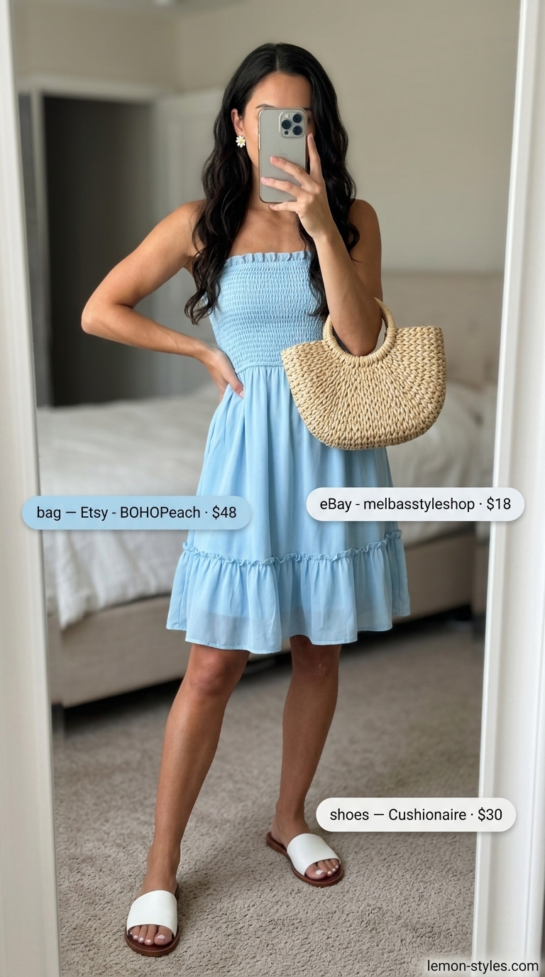Sweet Feminine Sundress Outfits 2026 Sweet summer sundress outfit for women 2026: sky blue smocked dress, straw basket bag, daisy earrings.