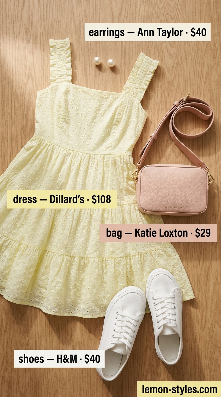 Feminine Sundress Outfits 2026 Sweet summer sundress outfit for women 2026: pastel yellow eyelet dress, white sneakers, pearl earrings.