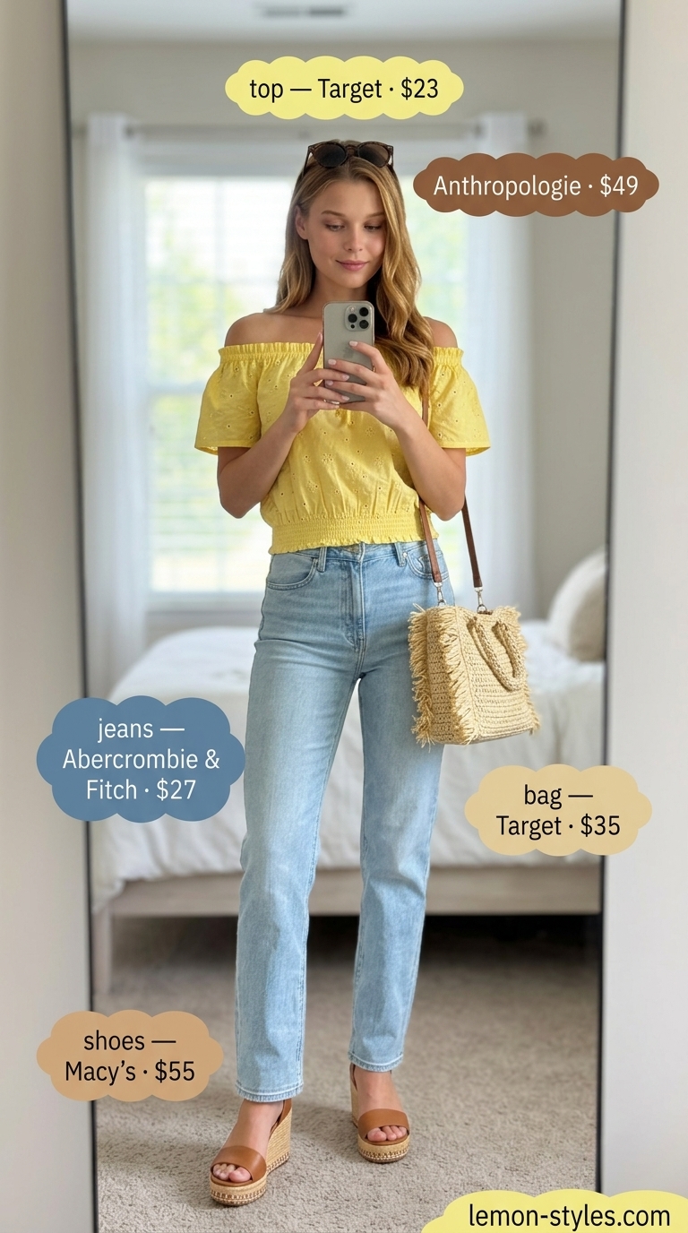 Sunny Day Casual Outfits for Women 2026 Sunny Day Casual: Lemon yellow off-shoulder top, light wash jeans, tan espadrilles, tortoiseshell sunglasses. Summer must have wardrobe outfits for women 2026.