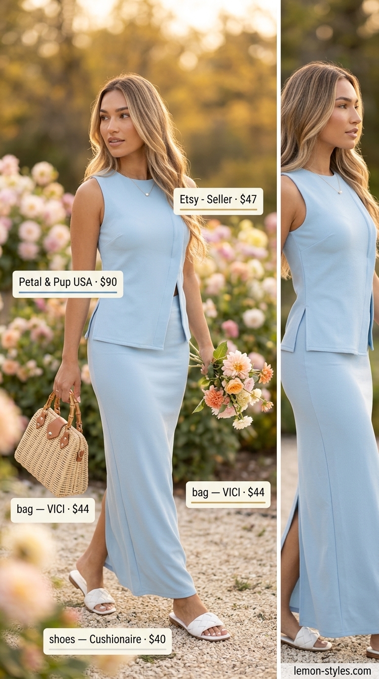 Sunny Co-ord Outfits for Women 2026 Sunny Day Co-ord: Sky blue linen set, white slides, straw bag, pearl necklace. Summer must have wardrobe outfits for women 2026.