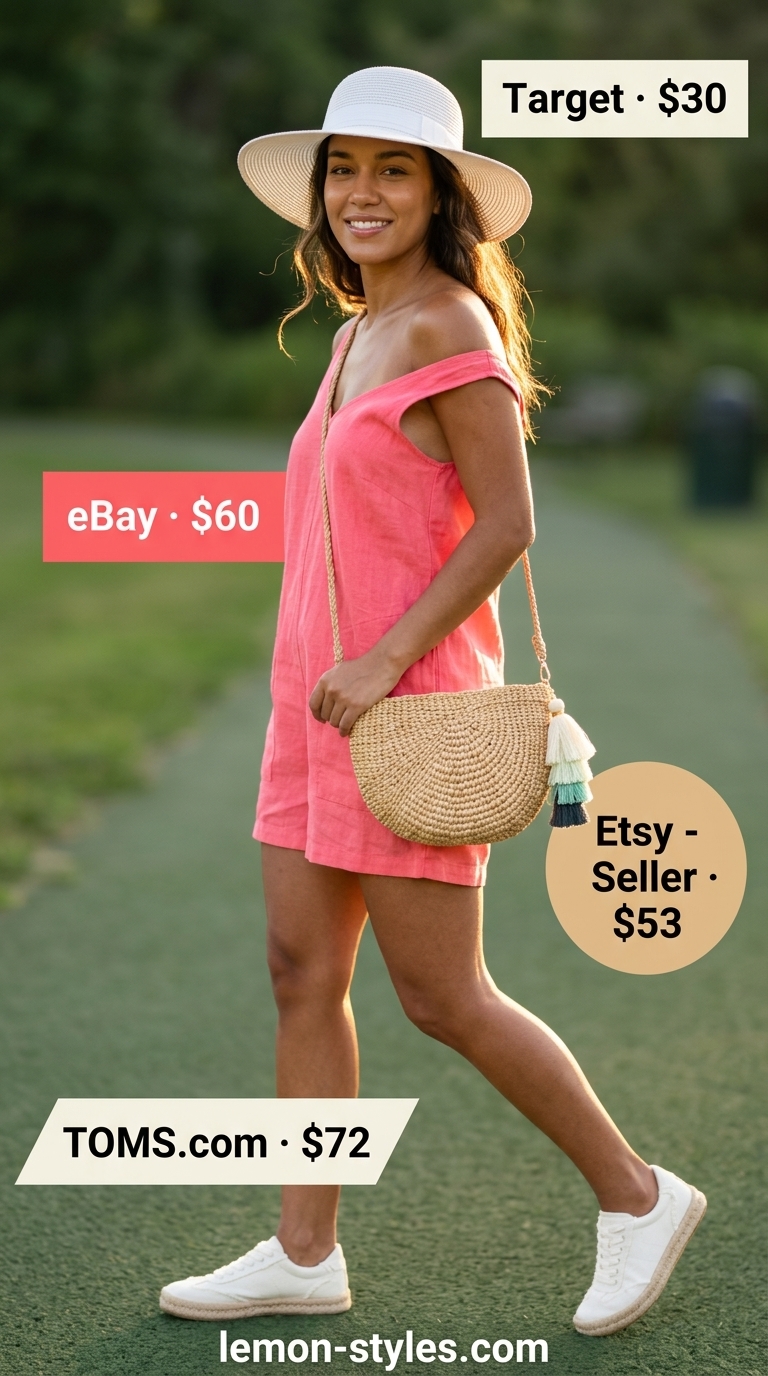 Sunny Day Picnic Outfits 2026 Sunny Day Picnic outfit: Coral pink romper, straw hat, espadrille sneakers. Summer must have wardrobe outfits for women 2026.