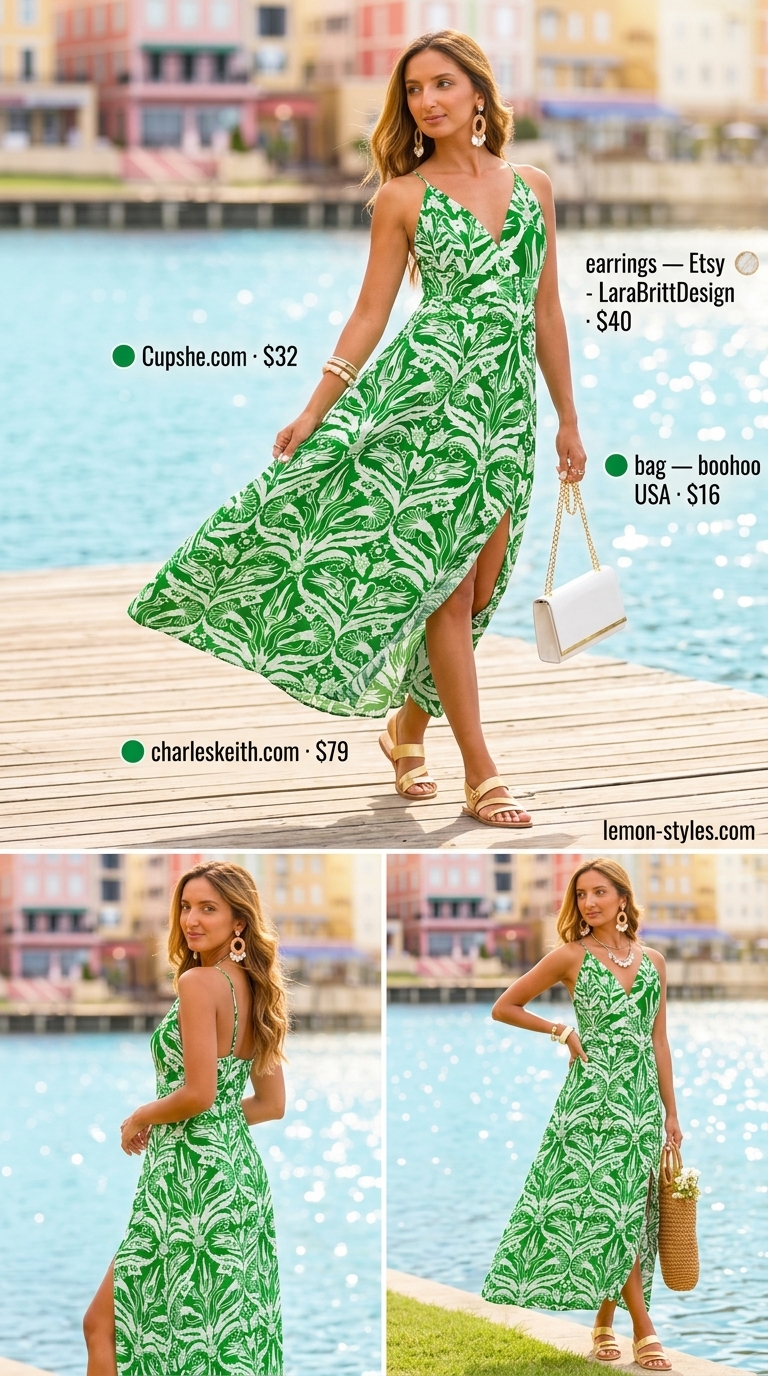 Tropical Escape Outfits for Women 2026 Tropical Escape Maxi Dress: Emerald green print dress, gold sandals, straw hat, pearl earrings. Summer must have wardrobe outfits for women 2026.