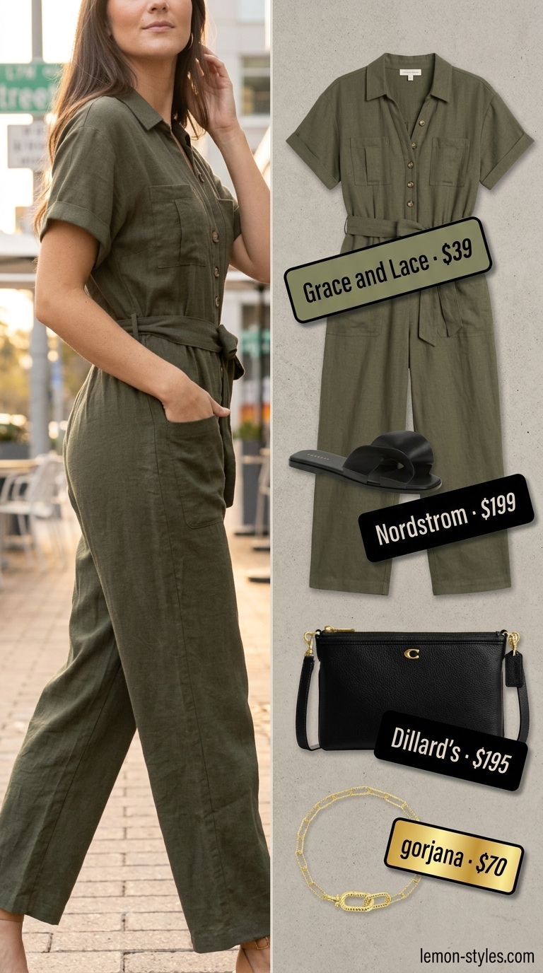 Urban Safari Outfits for Women 2026 Urban Safari Jumpsuit: Khaki utility jumpsuit, black sandals, gold bracelet, black crossbody bag. Summer must have wardrobe outfits for women 2026.