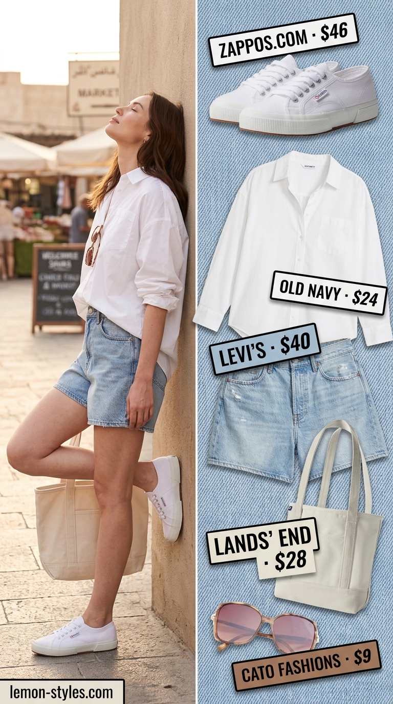 Weekend Market Outfits for Women 2026 Weekend Market Explorer: Denim shorts, white oversized shirt, white sneakers, canvas tote. Summer must have wardrobe outfits for women 2026.