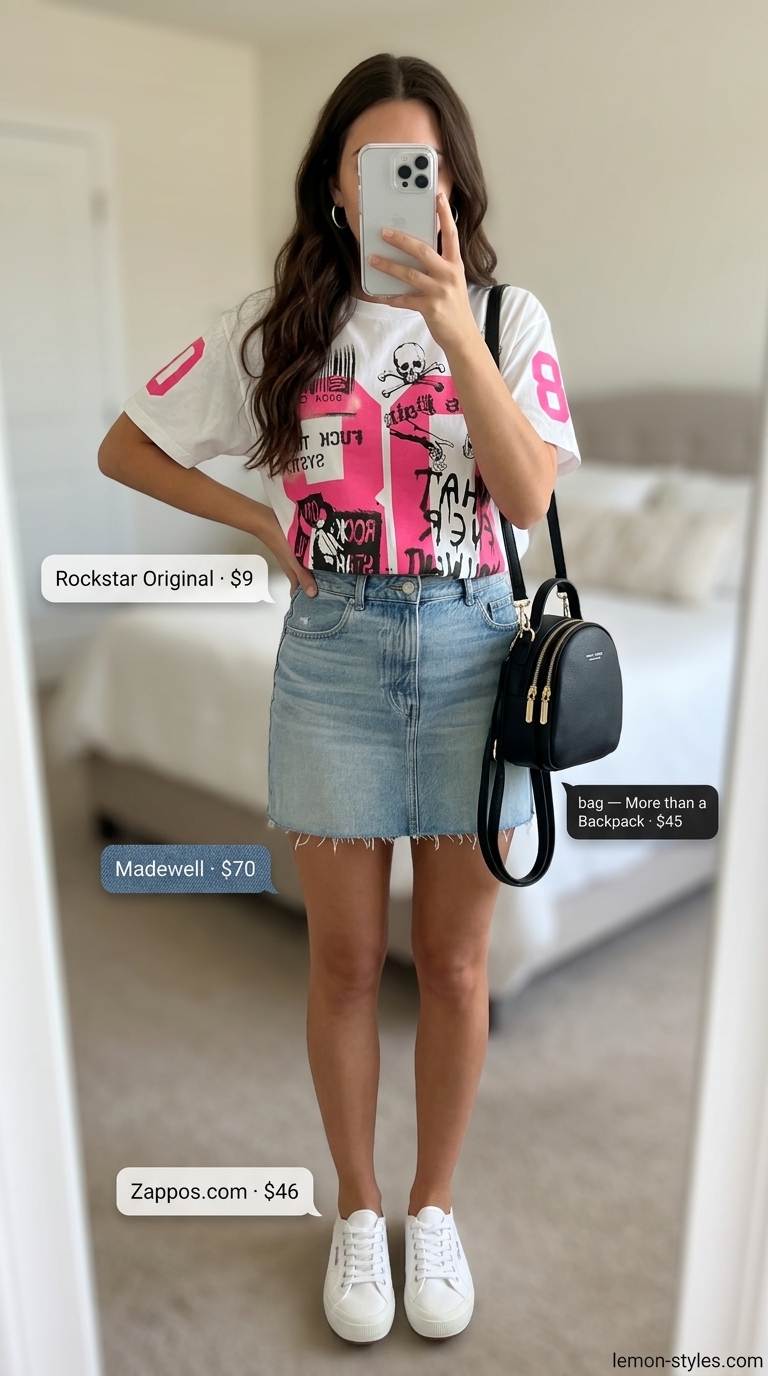 Weekend Playful Vibes Outfits 2026 Weekend Playful Vibes outfit: Pink graphic tee, denim mini skirt, sneakers. Summer must have wardrobe outfits for women 2026.