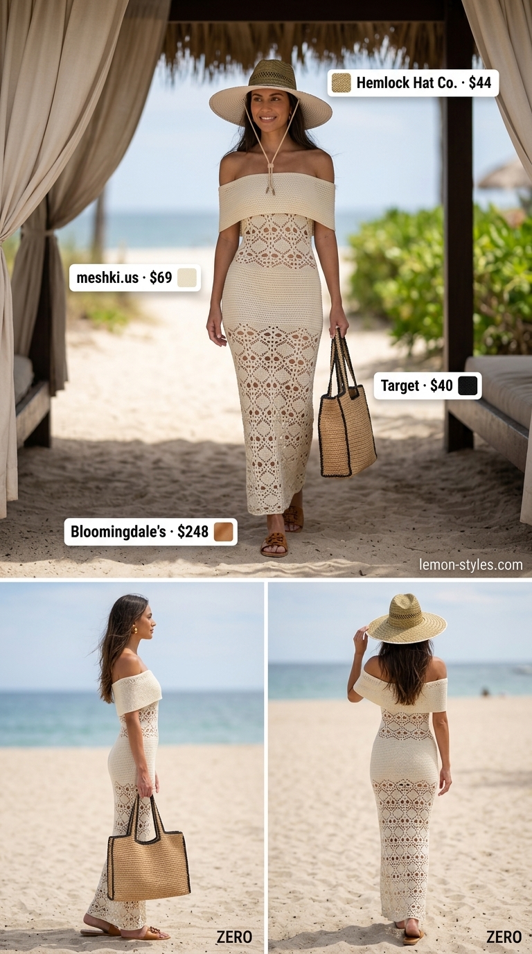 Cream crochet off-shoulder maxi dress with straw hat for a boho beach cover-up 2026.