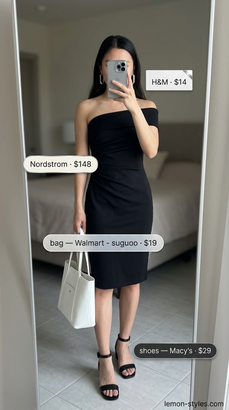 Chic black off-shoulder midi dress outfit 2026 with block heels, statement earrings, and tote bag.
