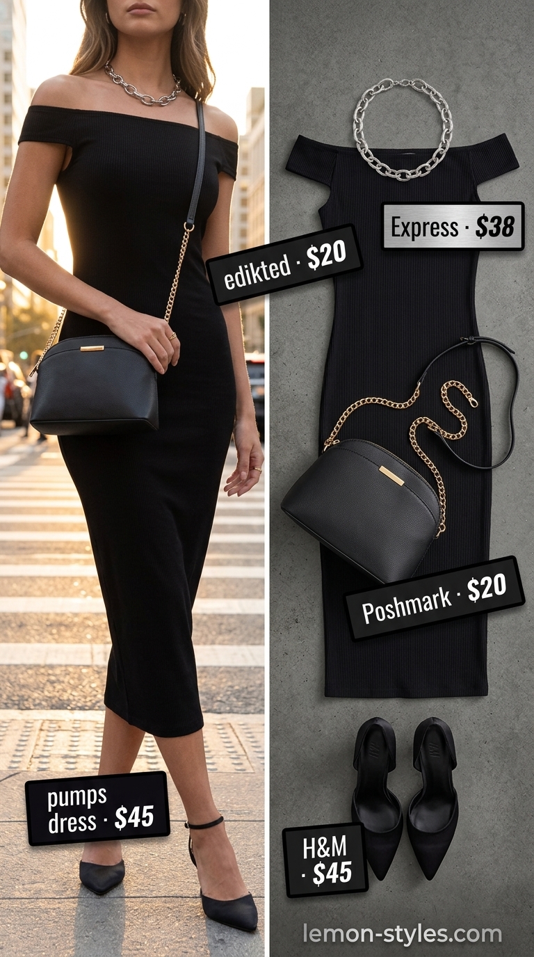 Chic black off-shoulder midi dress outfit 2026 with stiletto heels and chunky silver necklace for city nights.