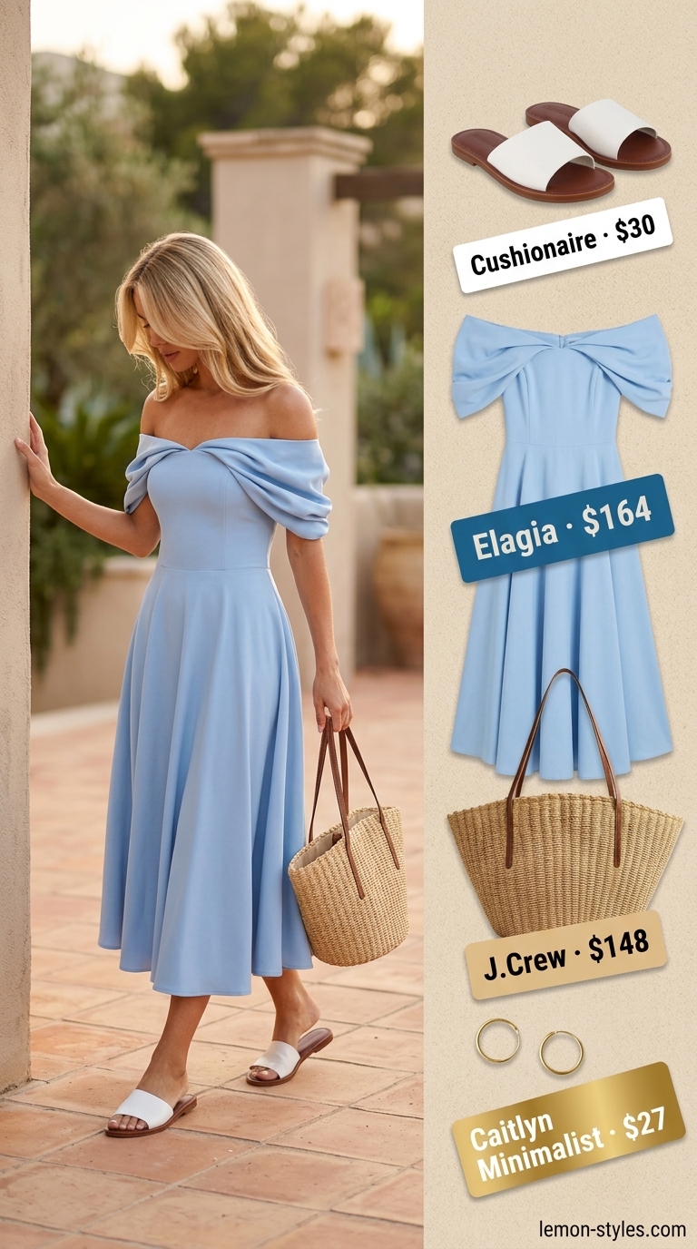 Sky blue off-shoulder cotton midi dress with white slides for a beach day outfit 2026.