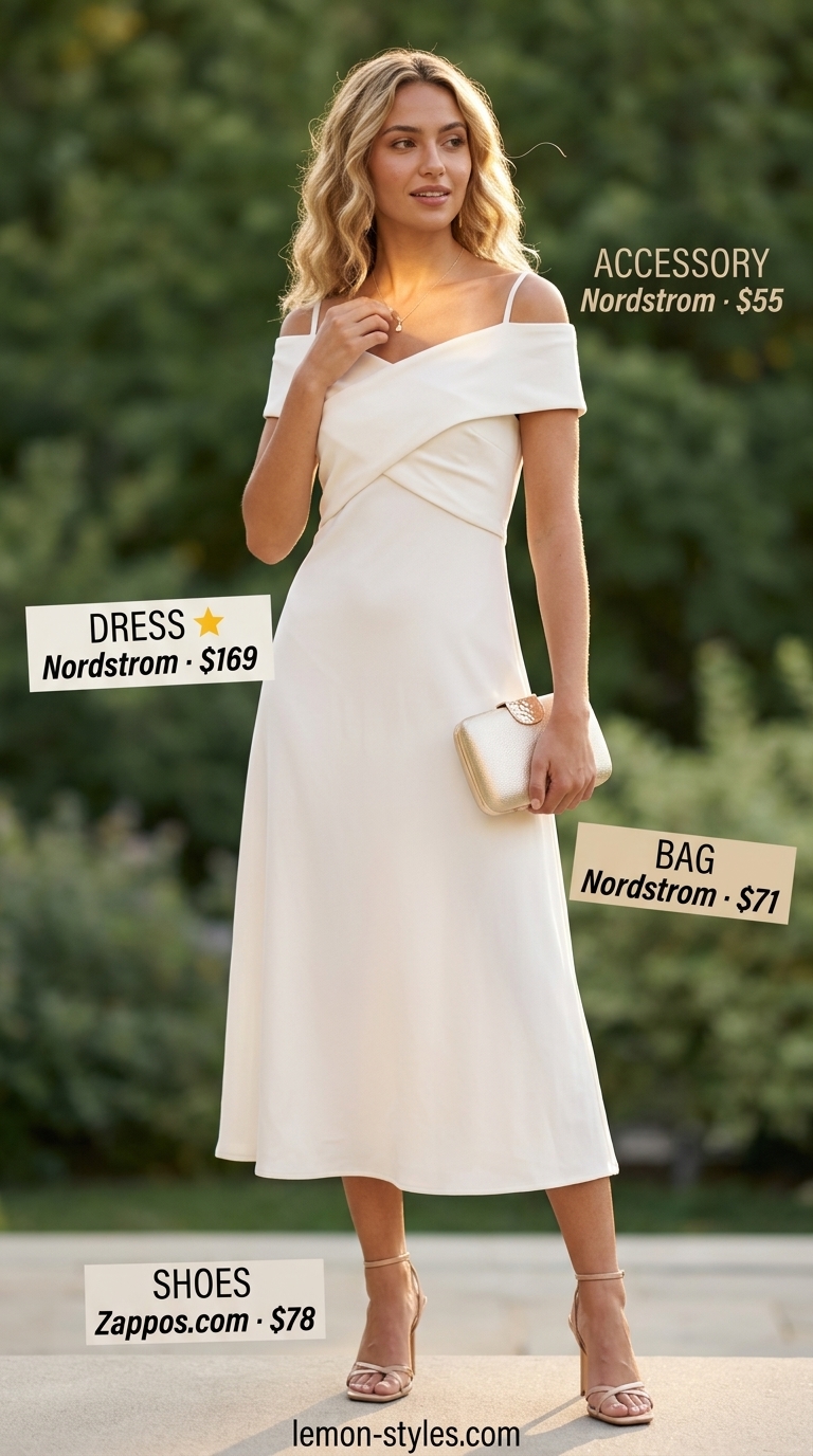 Elegant cream off-shoulder midi dress outfit 2026 with nude mules and gold pendant for weddings.