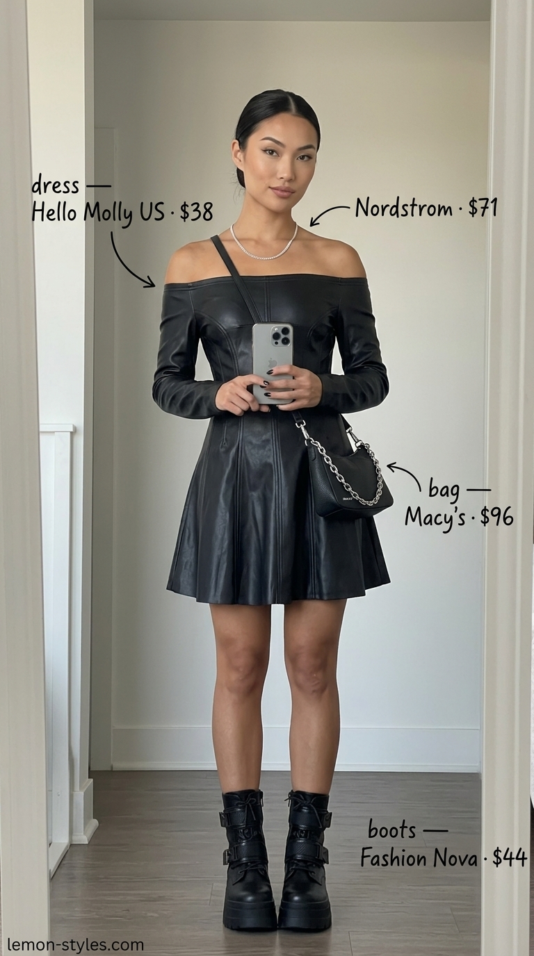Black off-shoulder mini dress with combat boots for an edgy night out outfit 2026.
