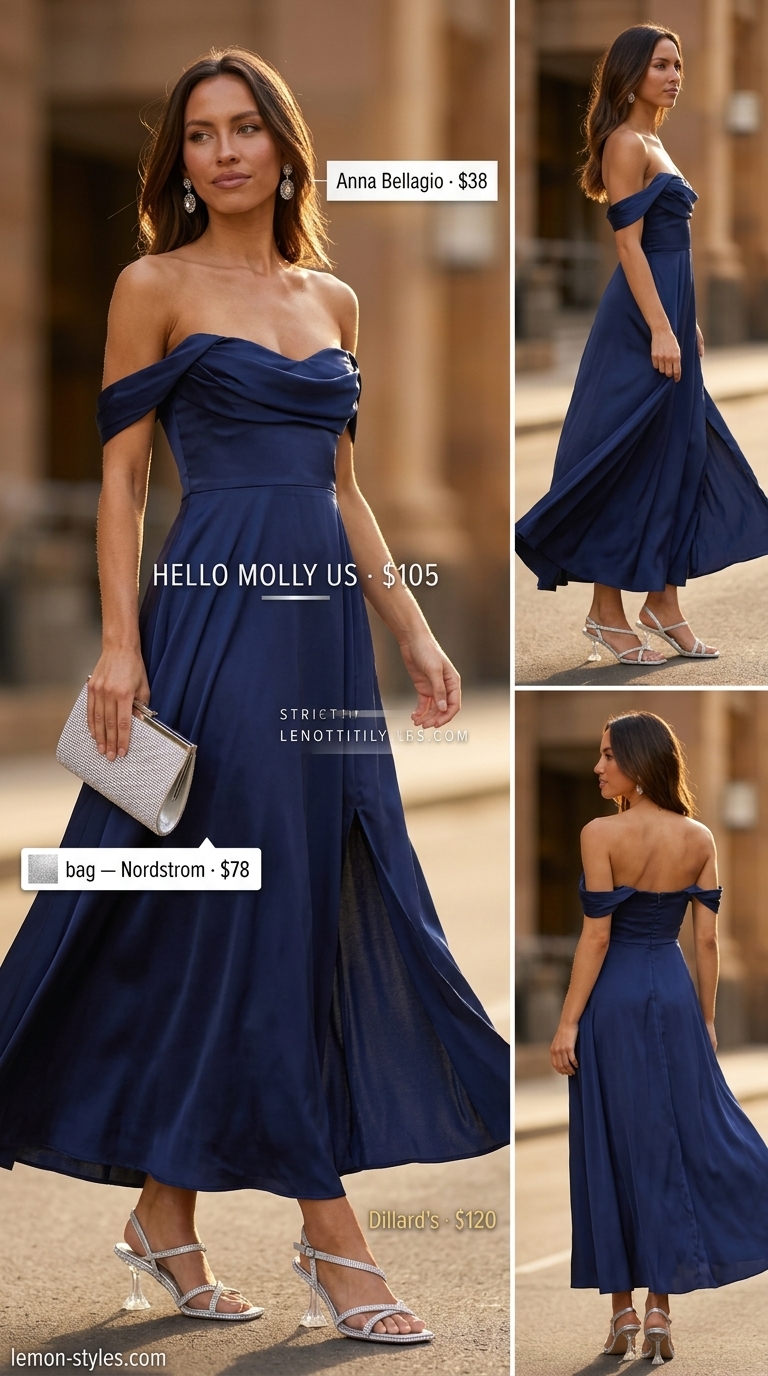 Evening glamour off-shoulder dress outfit 2026: Navy satin dress, silver heels, crystal earrings for formal event.