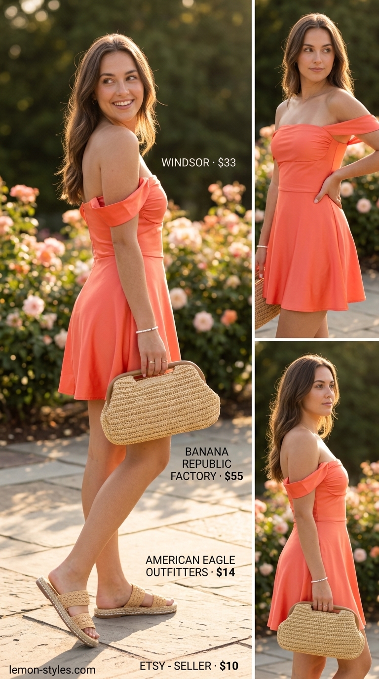 Summer garden party off-shoulder dress outfit 2026: Coral dress, straw clutch, espadrilles for daytime celebration.