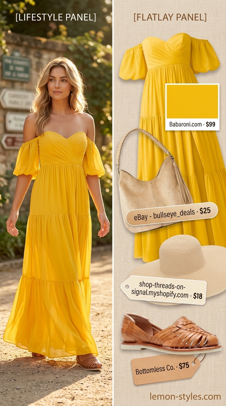 Golden yellow off-shoulder maxi dress with floppy hat for a summer festival 2026.