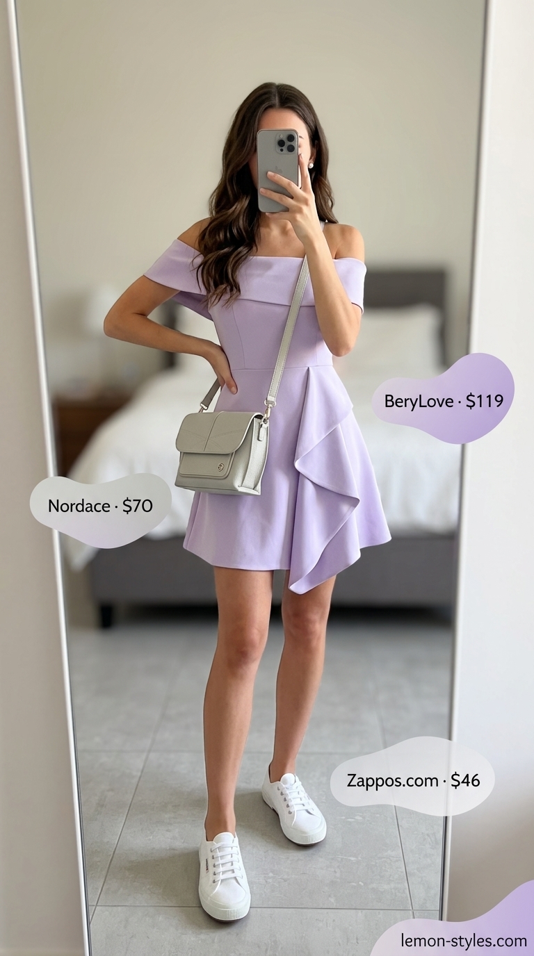 Sweet lavender off-shoulder mini dress outfit 2026 with white sneakers and crossbody bag for daytime.