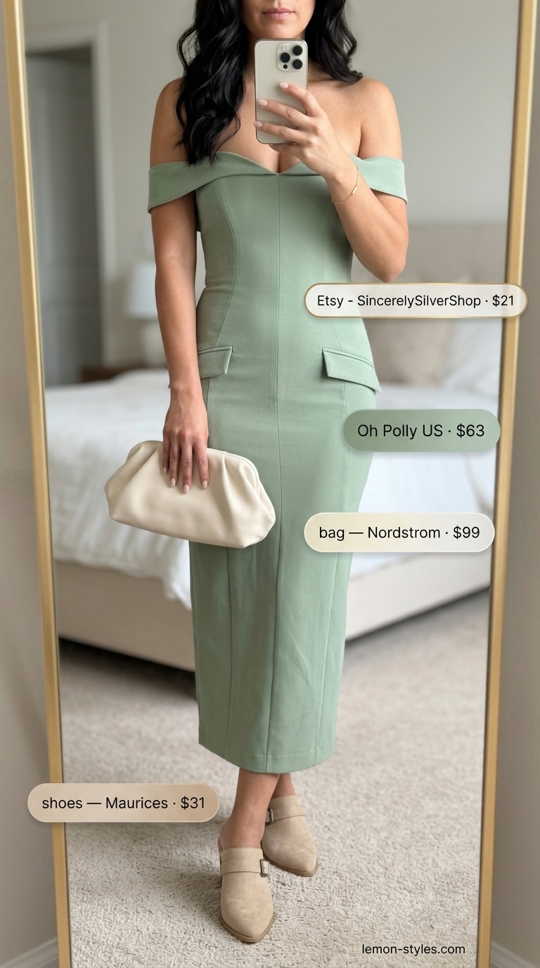 Sophisticated olive green off-shoulder midi dress outfit 2026 with beige mules and gold jewelry for business casual.