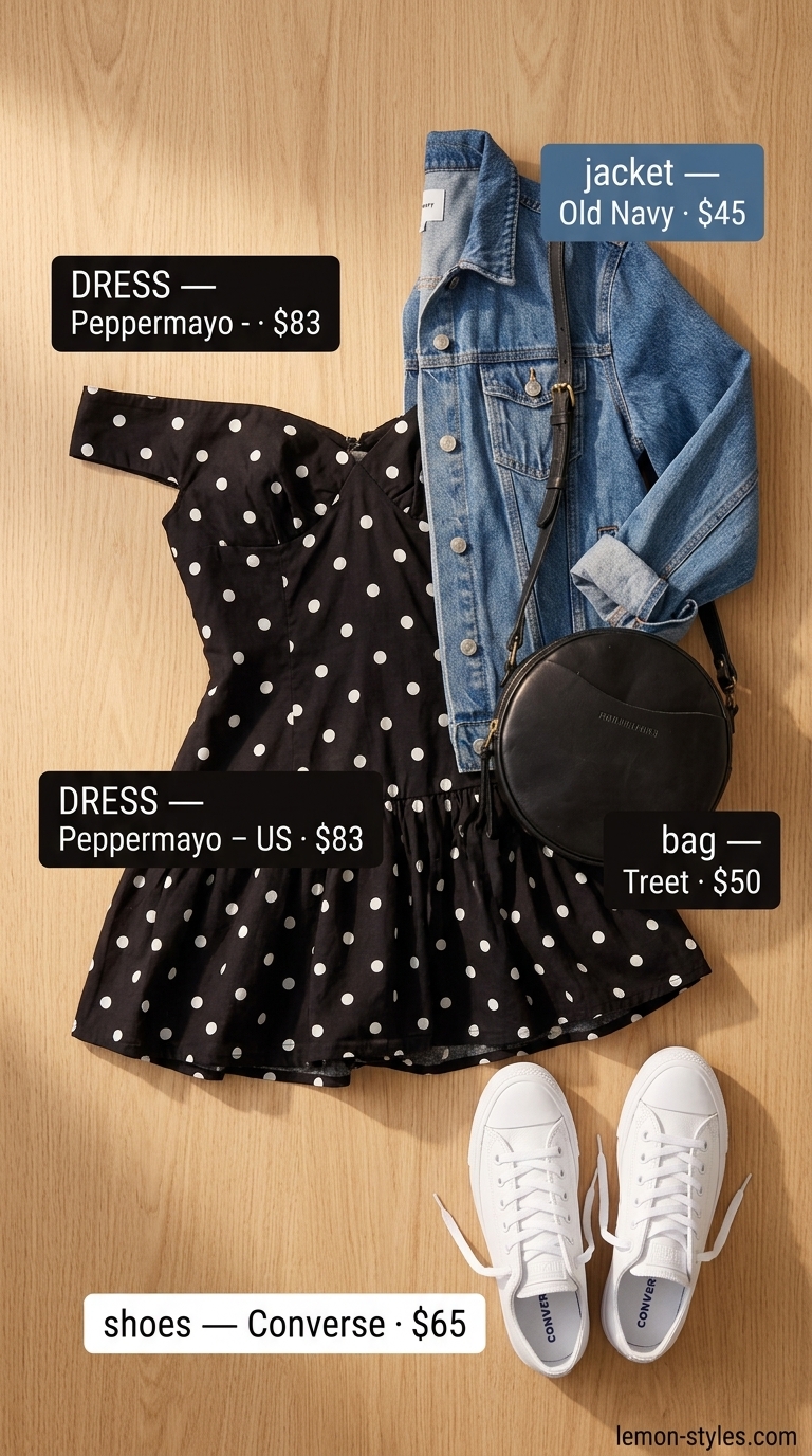 Retro chic off-shoulder dress outfit 2026: Black and white polka dot dress, denim jacket, white sneakers for casual day out.