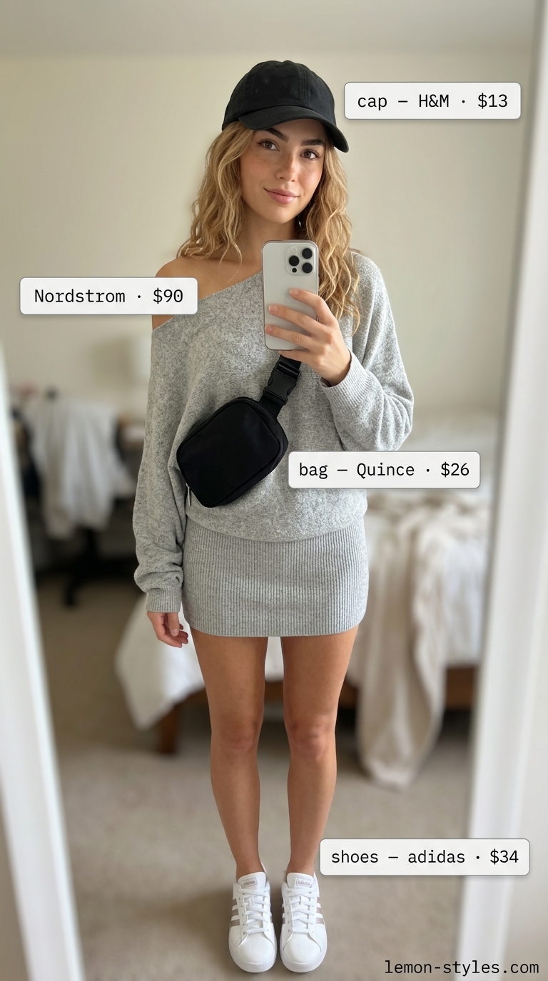 Sporty grey off-shoulder sweatshirt dress outfit 2026 with white sneakers, black belt bag, and baseball cap.