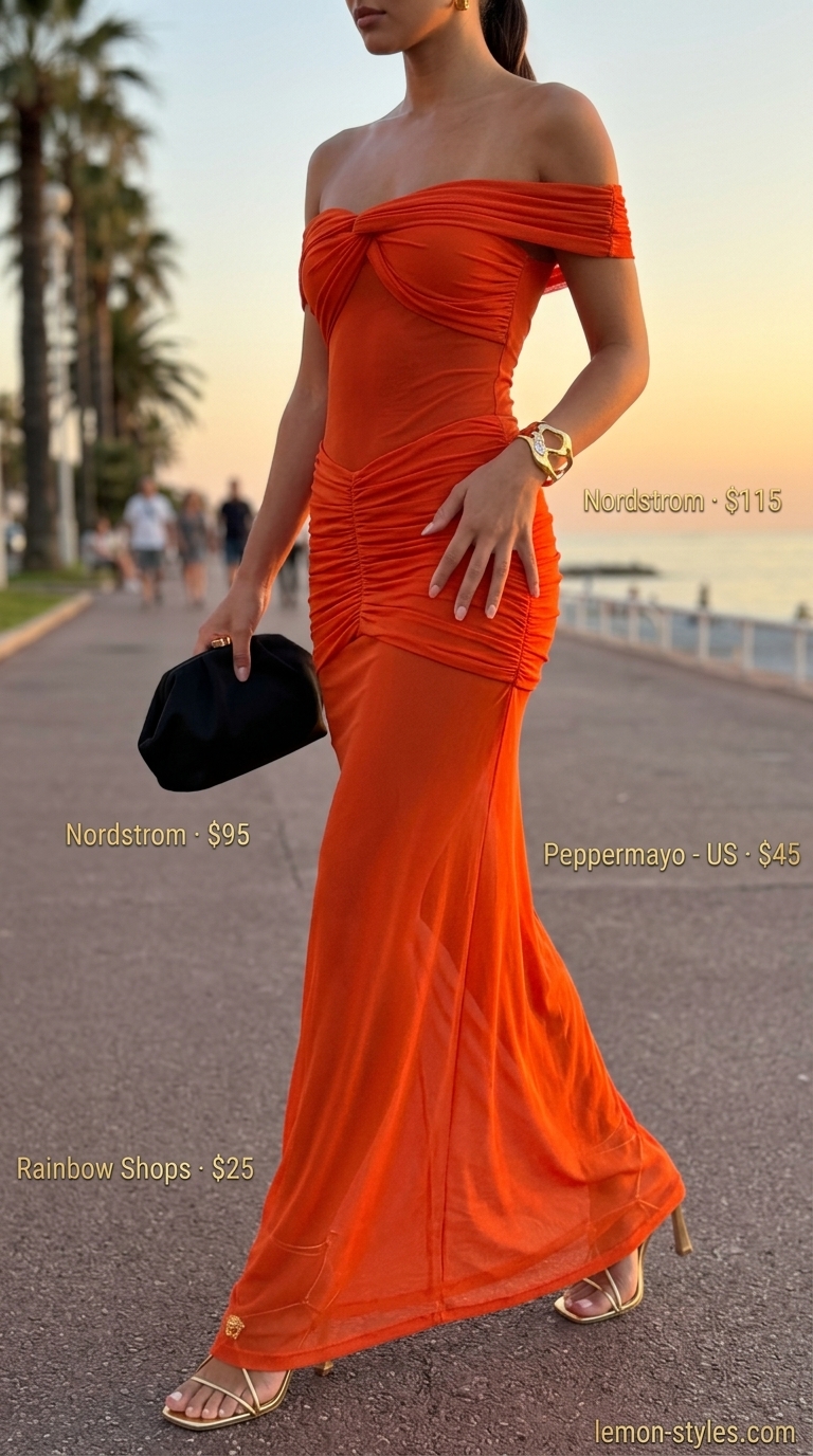 Sunset orange off-shoulder chiffon maxi dress with gold accessories for a summer wedding guest 2026.