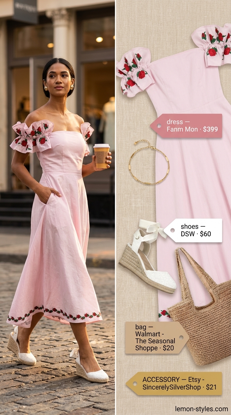 Sunset serenade off-shoulder dress outfit 2026: Blush pink dress, wedge espadrilles, straw tote for romantic date.